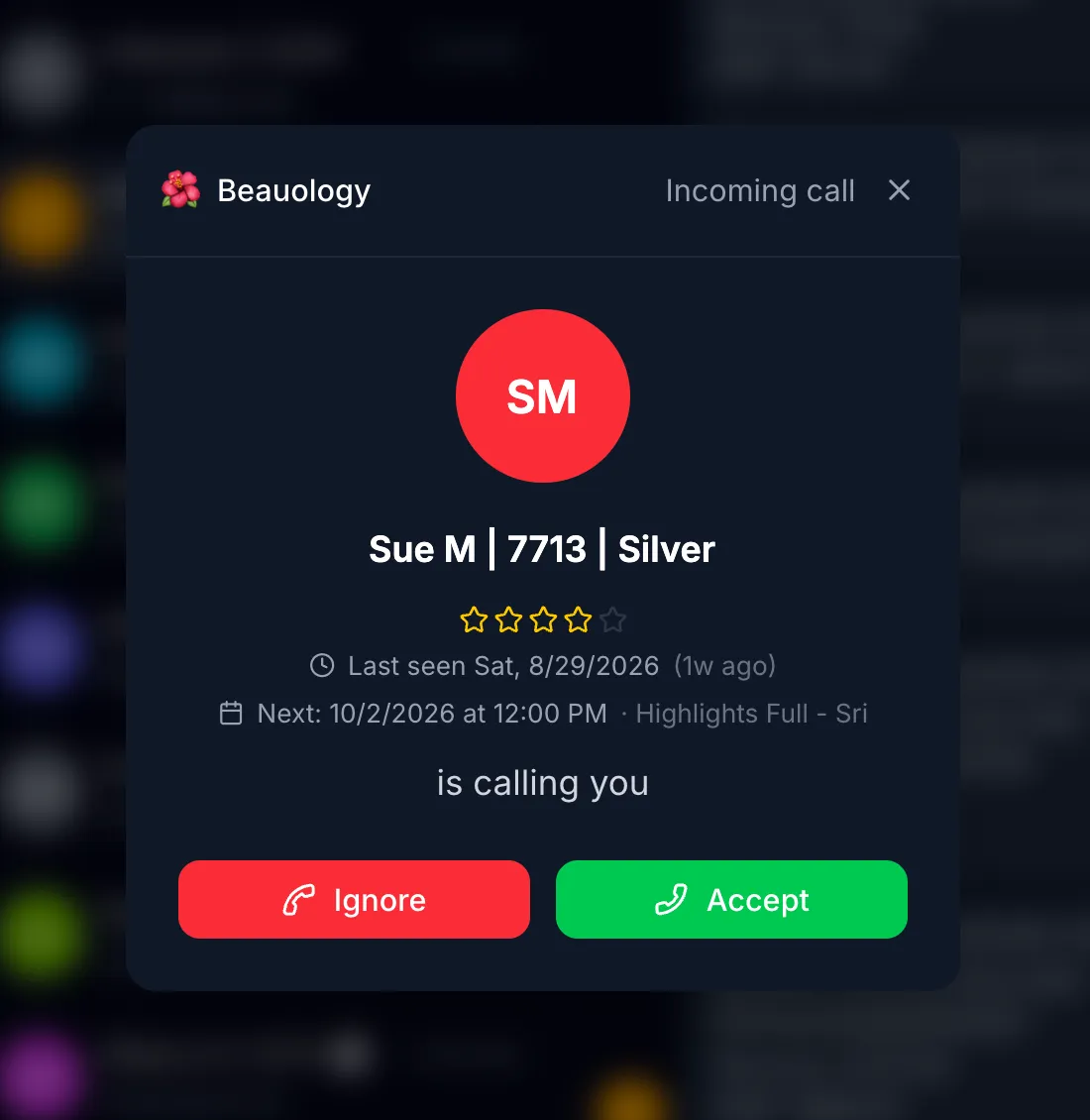Incoming call in ClientLore showing the caller's name, star rating, last visit, and next appointment